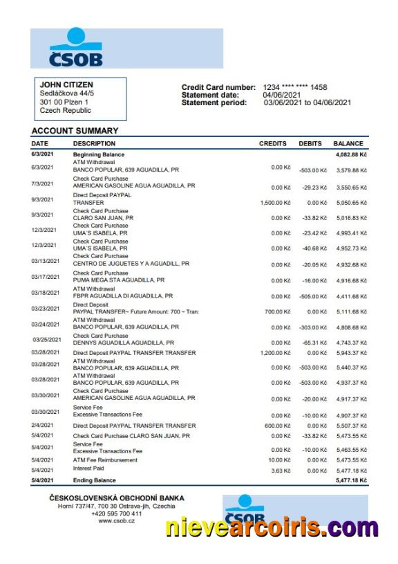 Czech Republic Československá Obchodní Banka bank statement easy to fill in .xls and .pdf file format